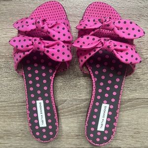Tabitha Simmons Pink and Black Polka Dot Slide Sandals with Bows